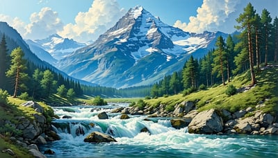 Illustration of a serene mountain landscape with a flowing river Illustration of a serene mountain landscape with a flowing river