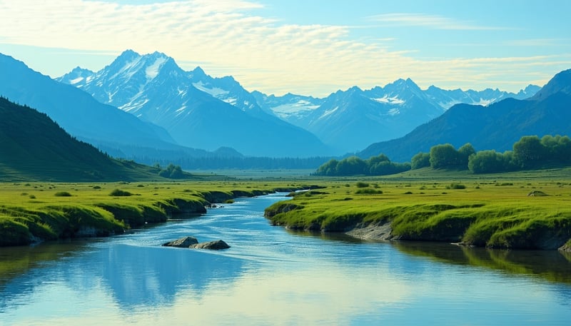 A serene mountain landscape with a river, reflecting the natural themes in Kenneth Fiyod's books. A serene mountain landscape with a river, reflecting the natural themes in Kenneth Fiyod's books.